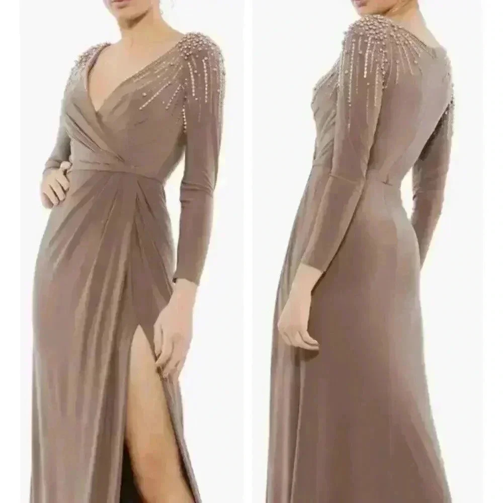 MAC DUGGAL GOWN 18 MAXI DRESS 55715 MOCHA FAUX WRAP JERSEY EMBELLISHED CRYSTALS